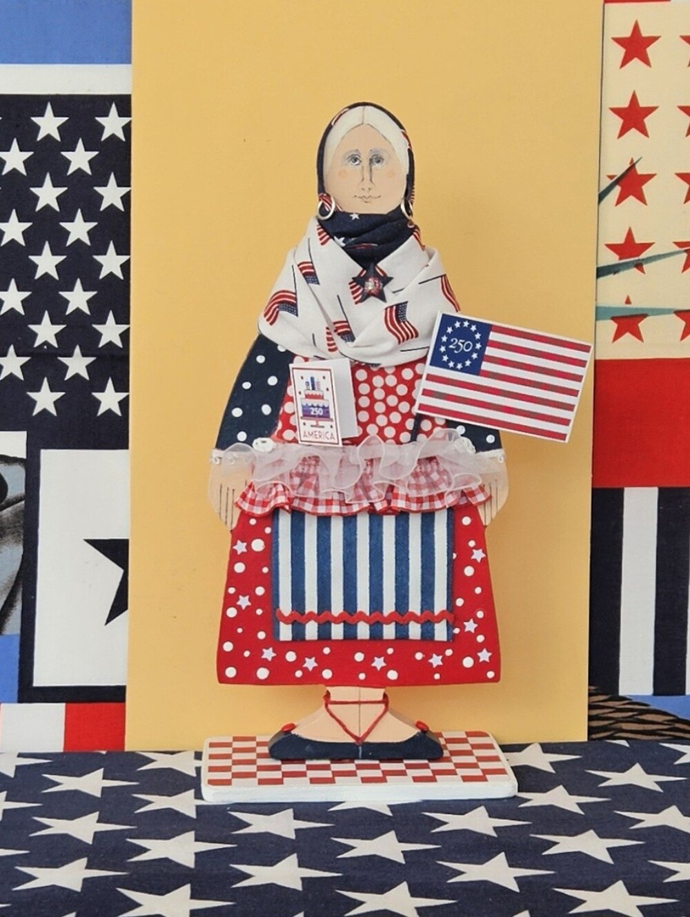Patriotic 250TH AMERICAN ANNIVERSARY Ms. Liberty/ Wooden Folk Art Americana
